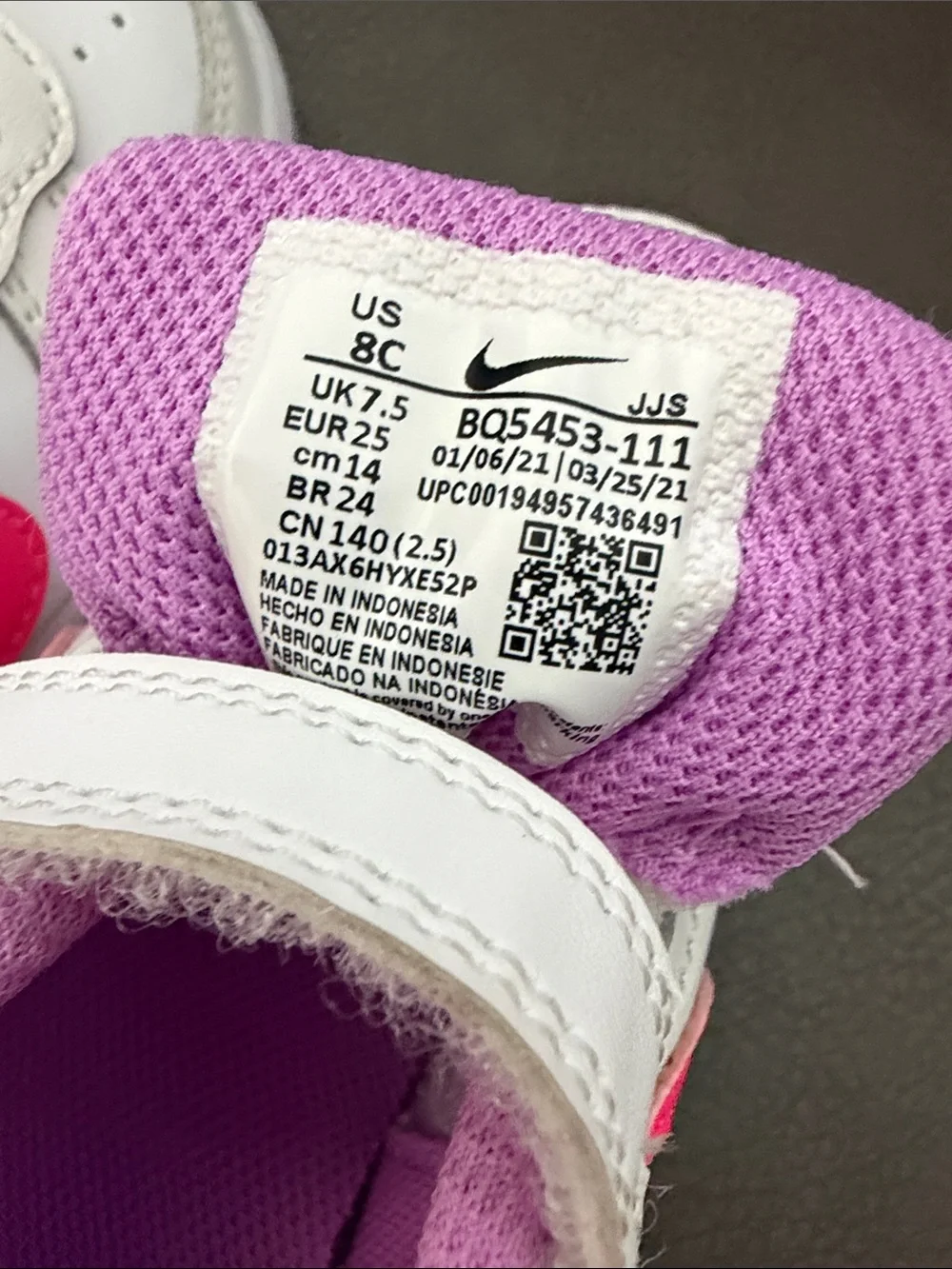 Nike Kids White Sneakers with Pink & Purple Accents